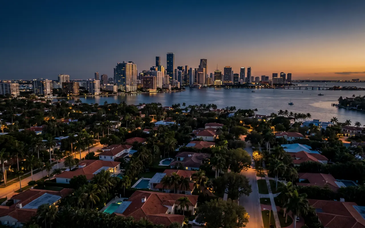 Aerial view of leafy neighborhoods with the bay and towers on the horizon