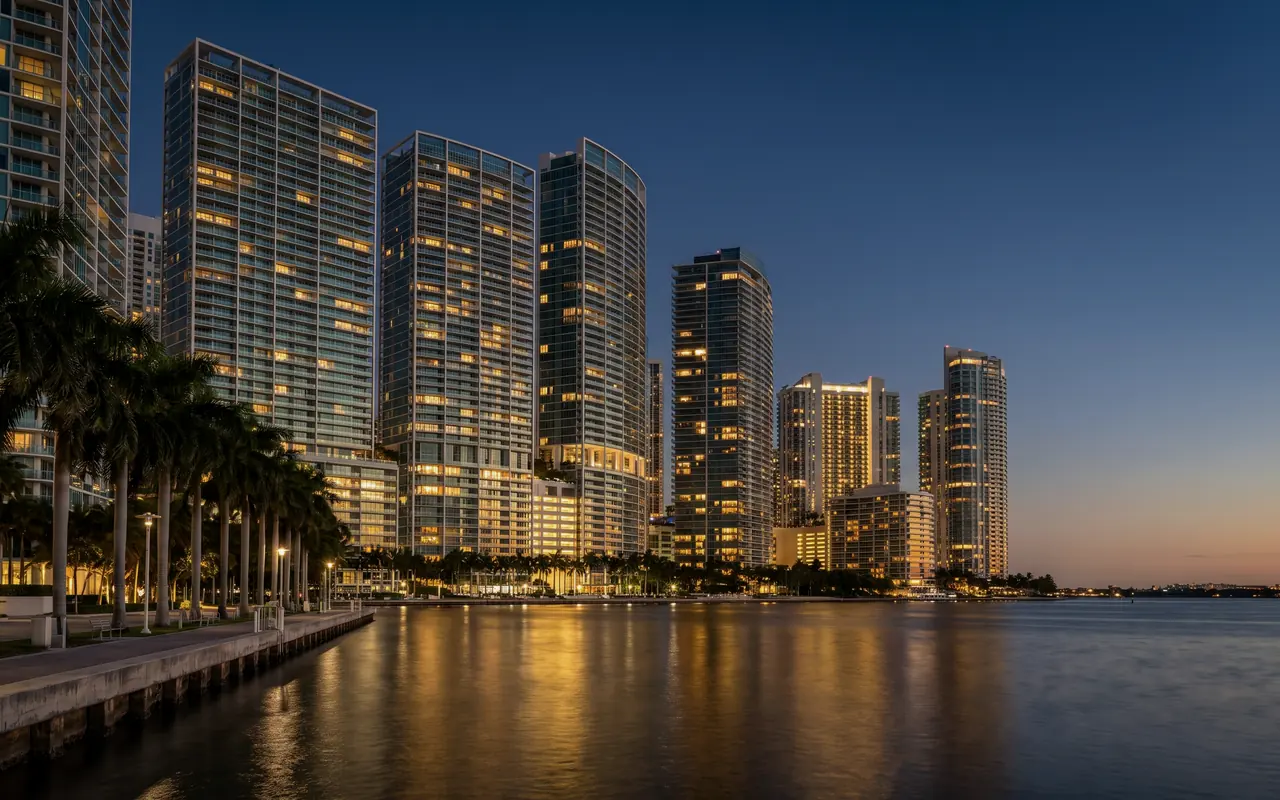 Glass condominium towers along the bay at dusk