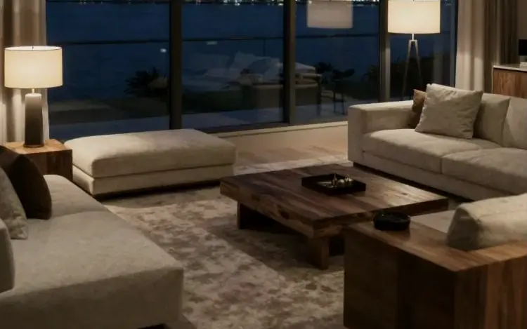 Living room with a view of city lights over the water at night