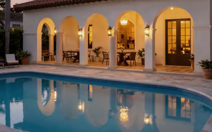 Mediterranean-style home with arches and a pool at dusk