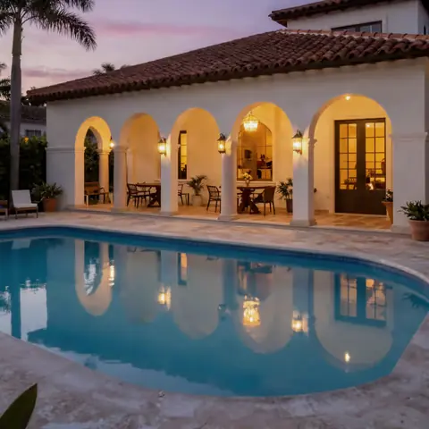 Mediterranean-style home with arches and a pool at dusk