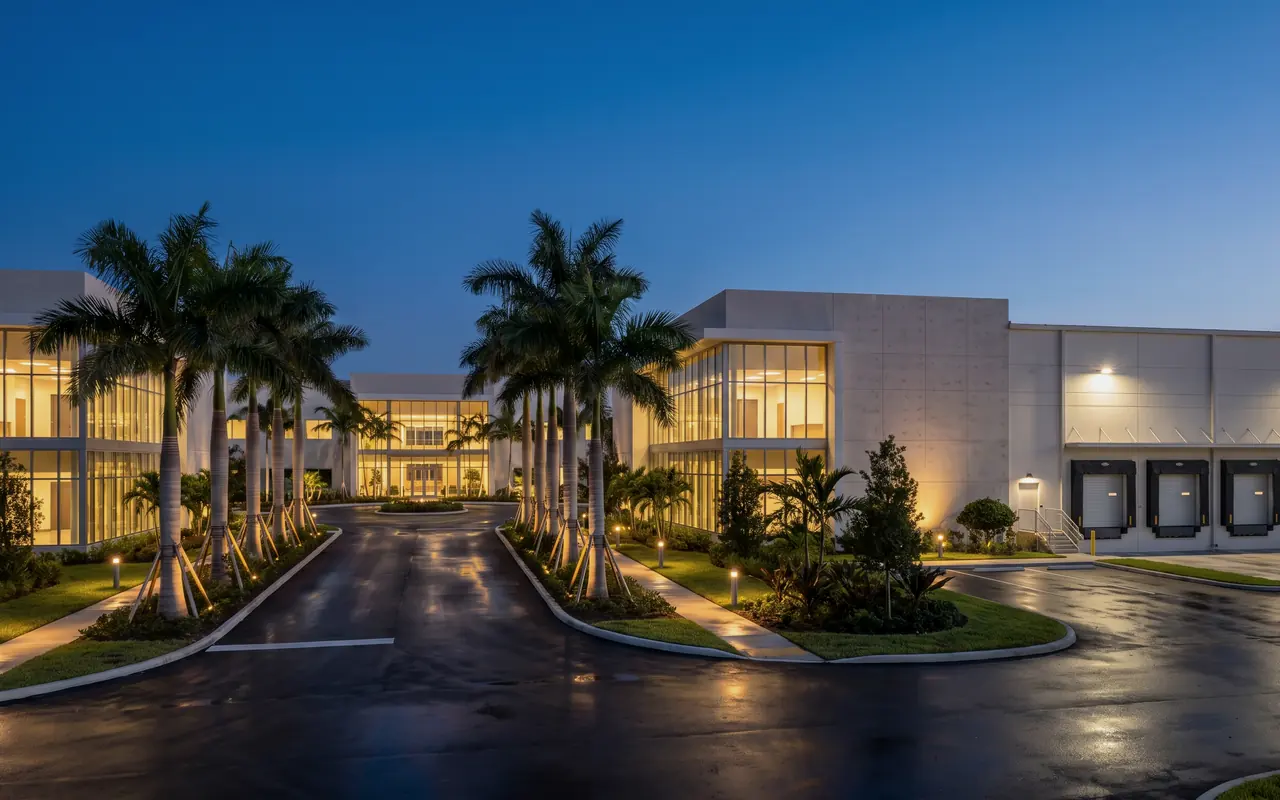 Modern office and warehouse campus with palms at dusk