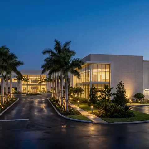 Modern office and warehouse campus with palms at dusk