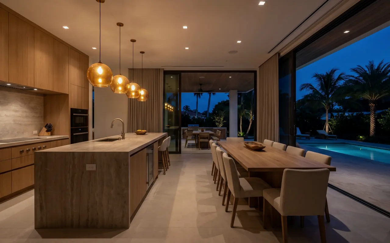 Kitchen and dining room opening onto a lit pool terrace