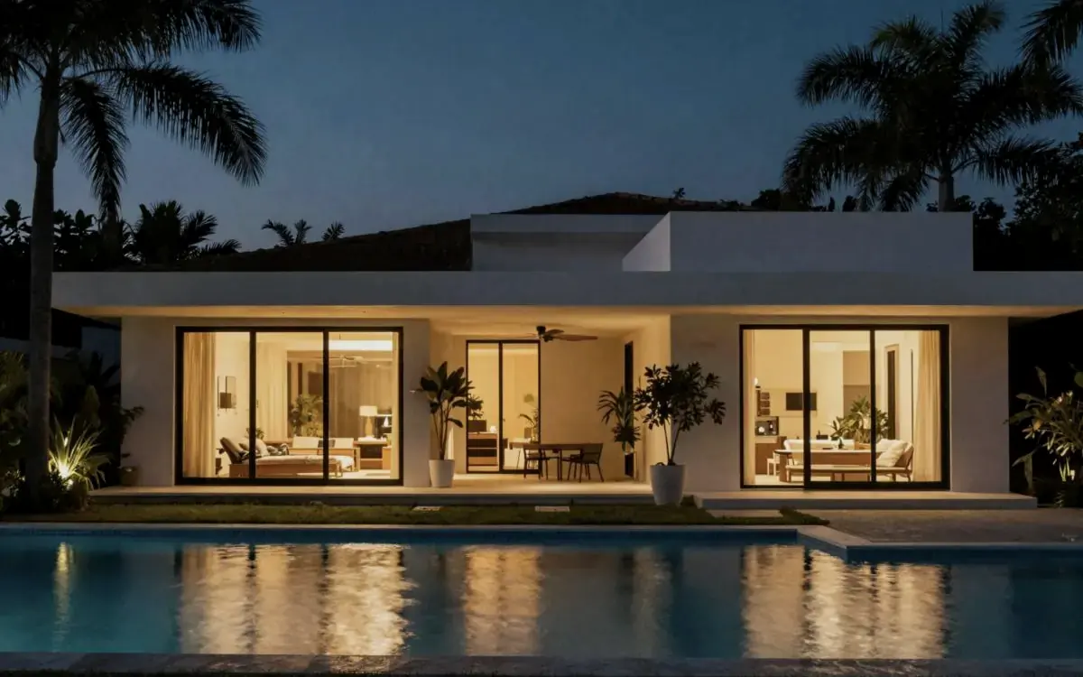 Modern home with a lit pool at dusk