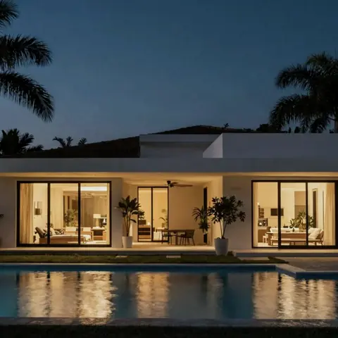 Modern home with a lit pool at dusk
