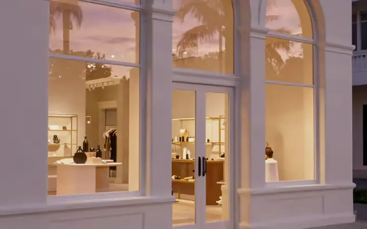 Arched storefronts glowing at dusk